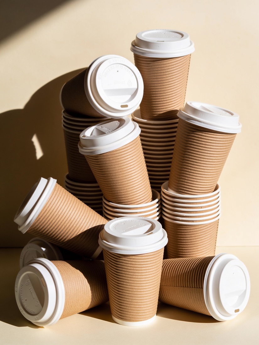 Gestapelde kartonnen koffiebekers met witte deksels