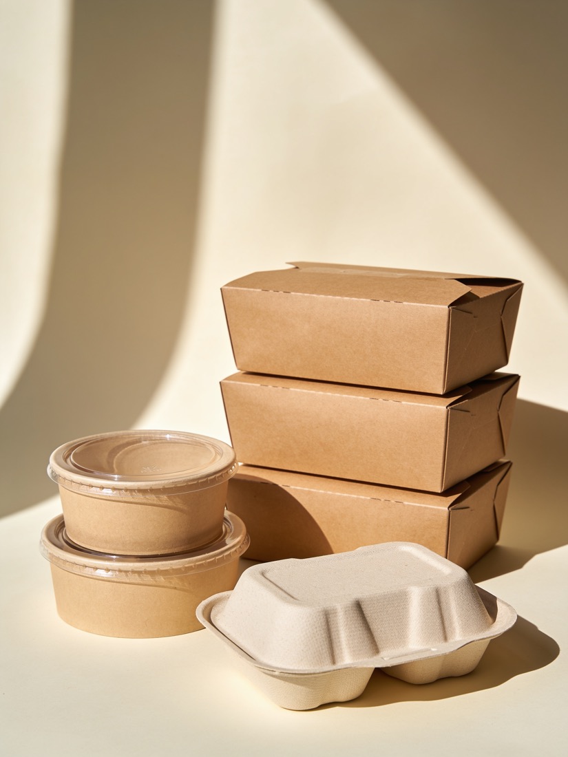 Maaltijdboxen van kraftpapier, ronde bakjes met deksel en een klapbakje van suikerrietvezel
